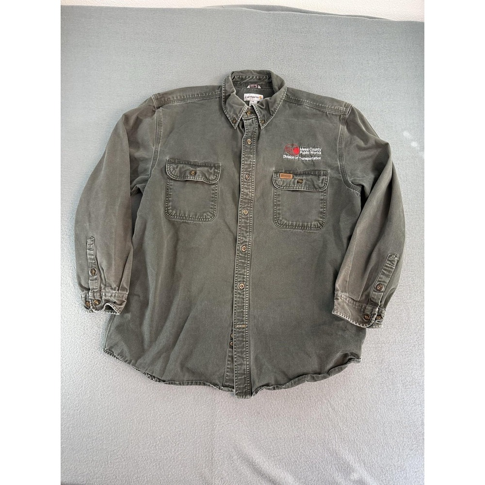 Carhartt Shirt Mens XL Green Twill Long Sleeve Button Up Workwear Mesa County
